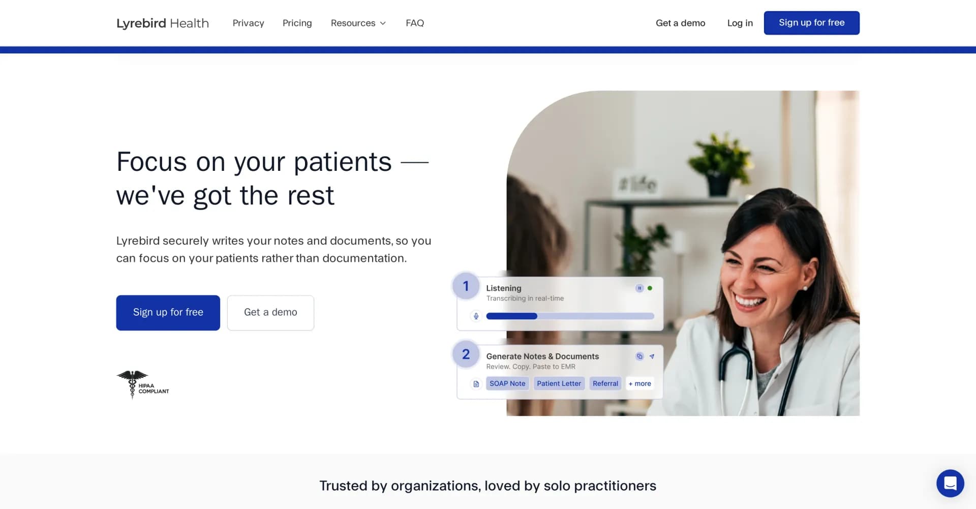 Lyrebird homepage screenshot — AI scribe for secure, efficient medical documentation.