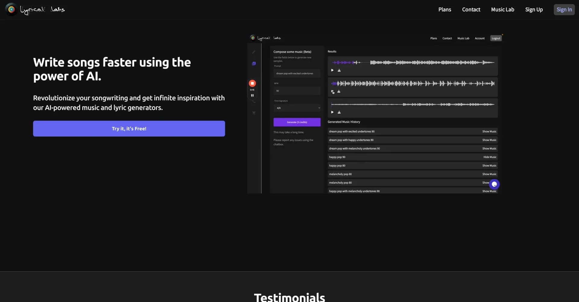 Lyricallabs homepage screenshot — AI-powered songwriting assistant