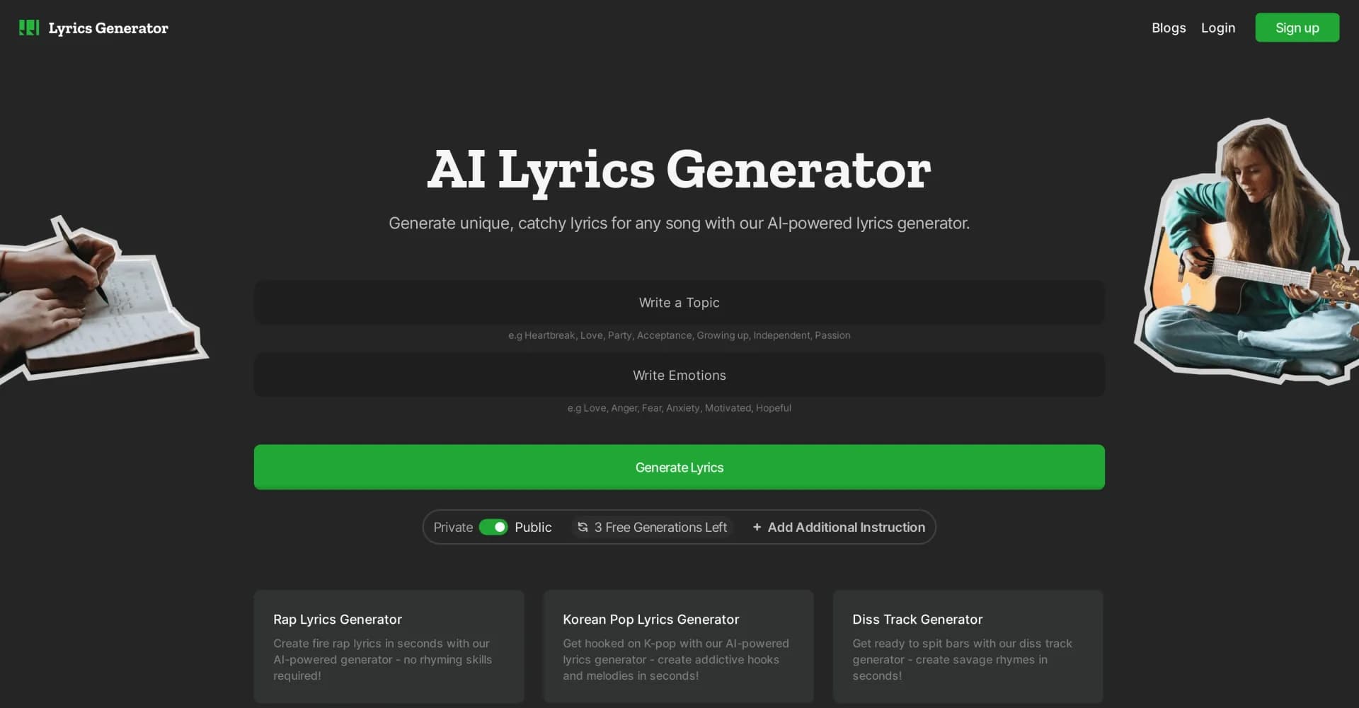 Lyrics Generator homepage screenshot — AI-powered lyrics generator for catchy, unique songs.