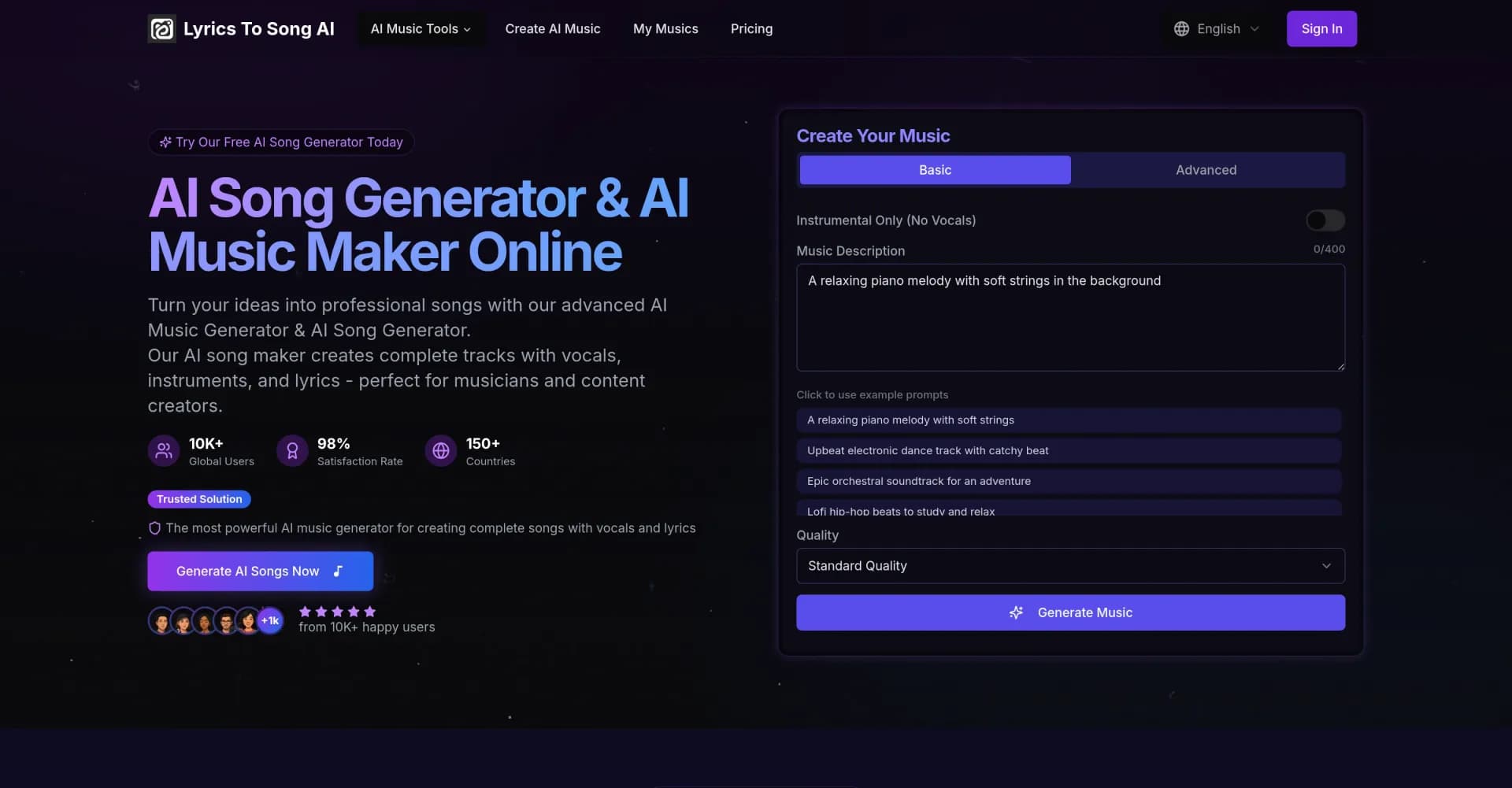 LyricsToSongAI homepage screenshot — Turn ideas into professional songs with AI