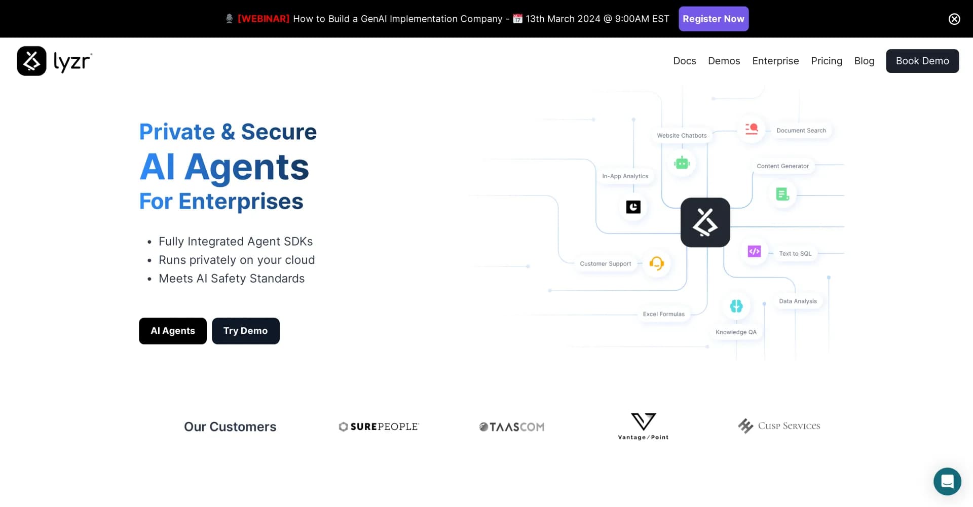 Lyzr AI homepage screenshot — Build GenAI apps fast with enterprise-grade LLM SDKs