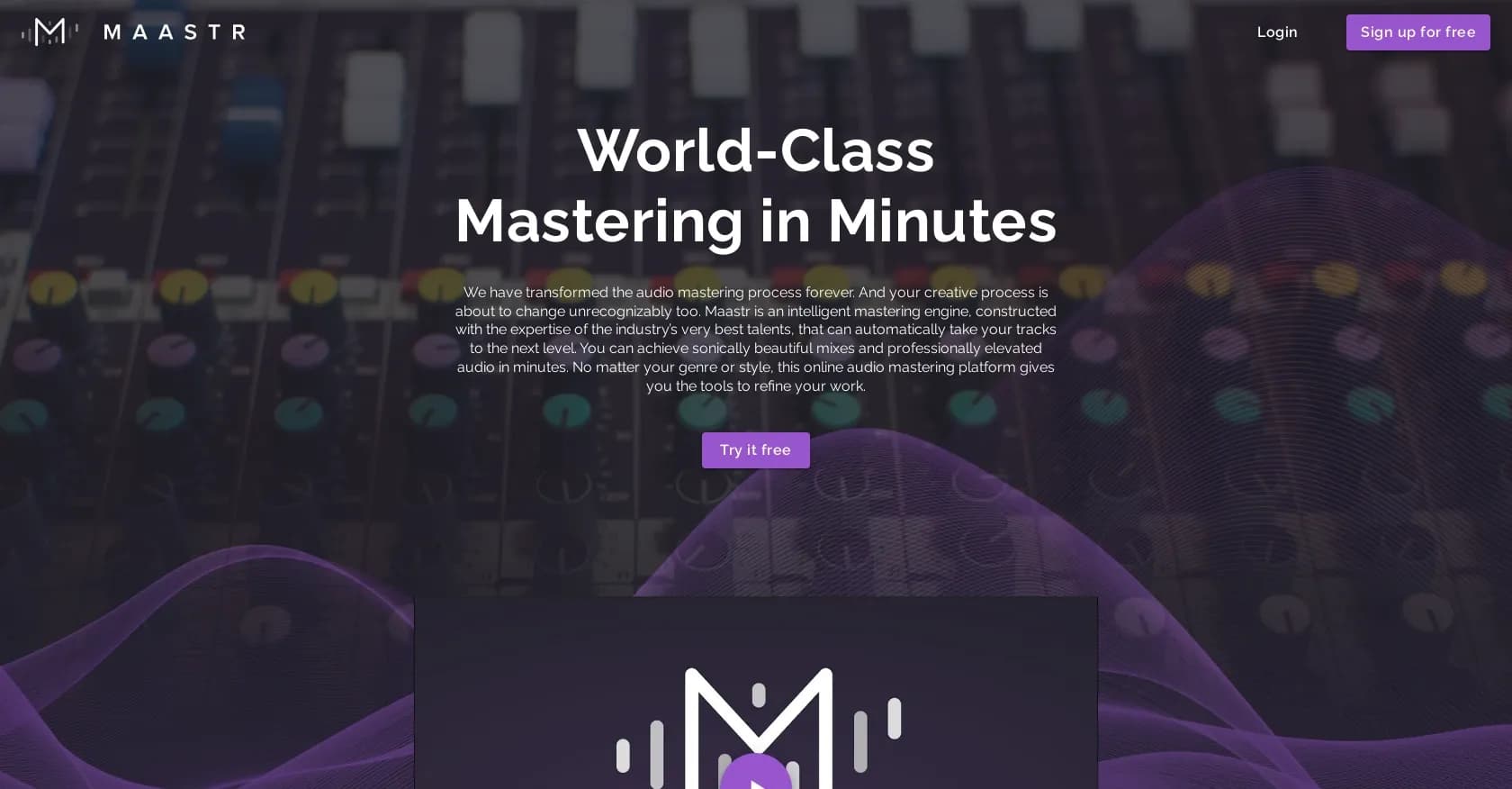 Maastr homepage screenshot — World-class audio mastering in minutes
