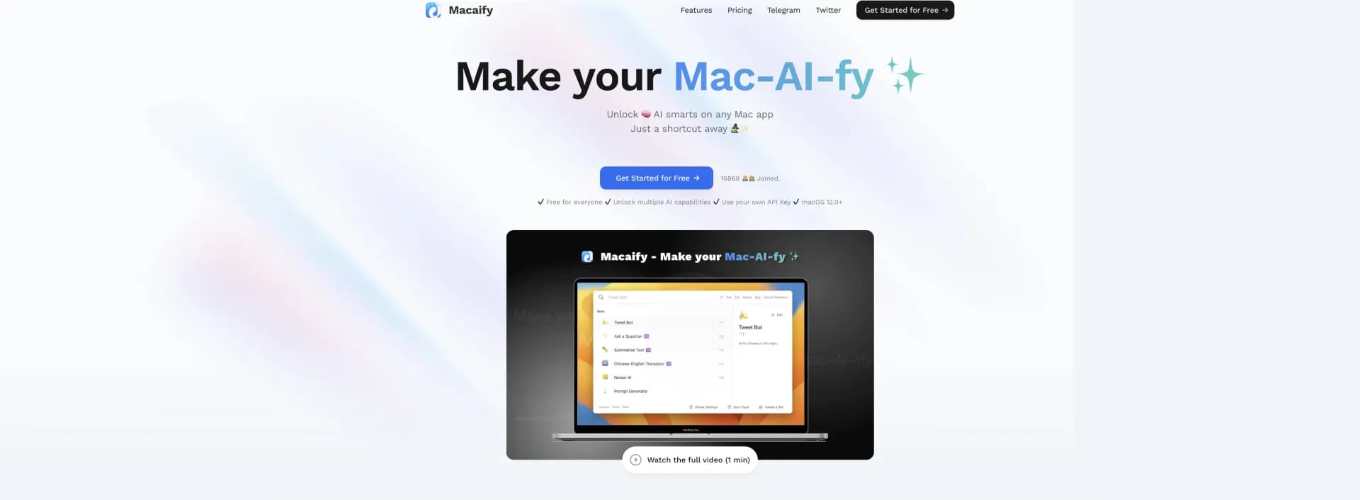 Macaify homepage screenshot — Unlock AI smarts on any Mac app