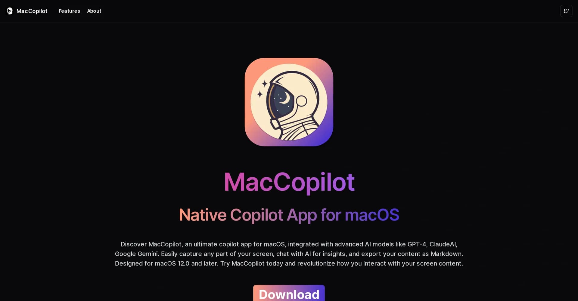 MacCopilot homepage screenshot — Native copilot app for macOS with advanced AI integration