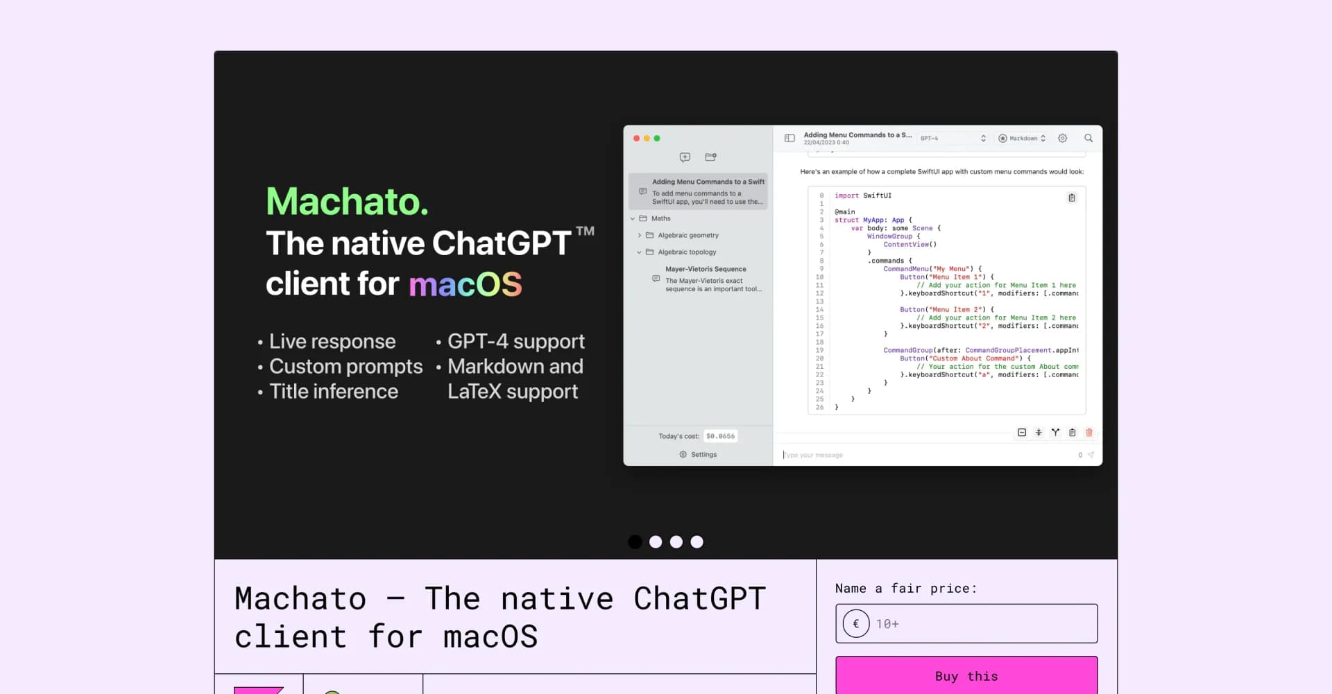 Machato homepage screenshot — Native ChatGPT client for macOS, supercharged with features