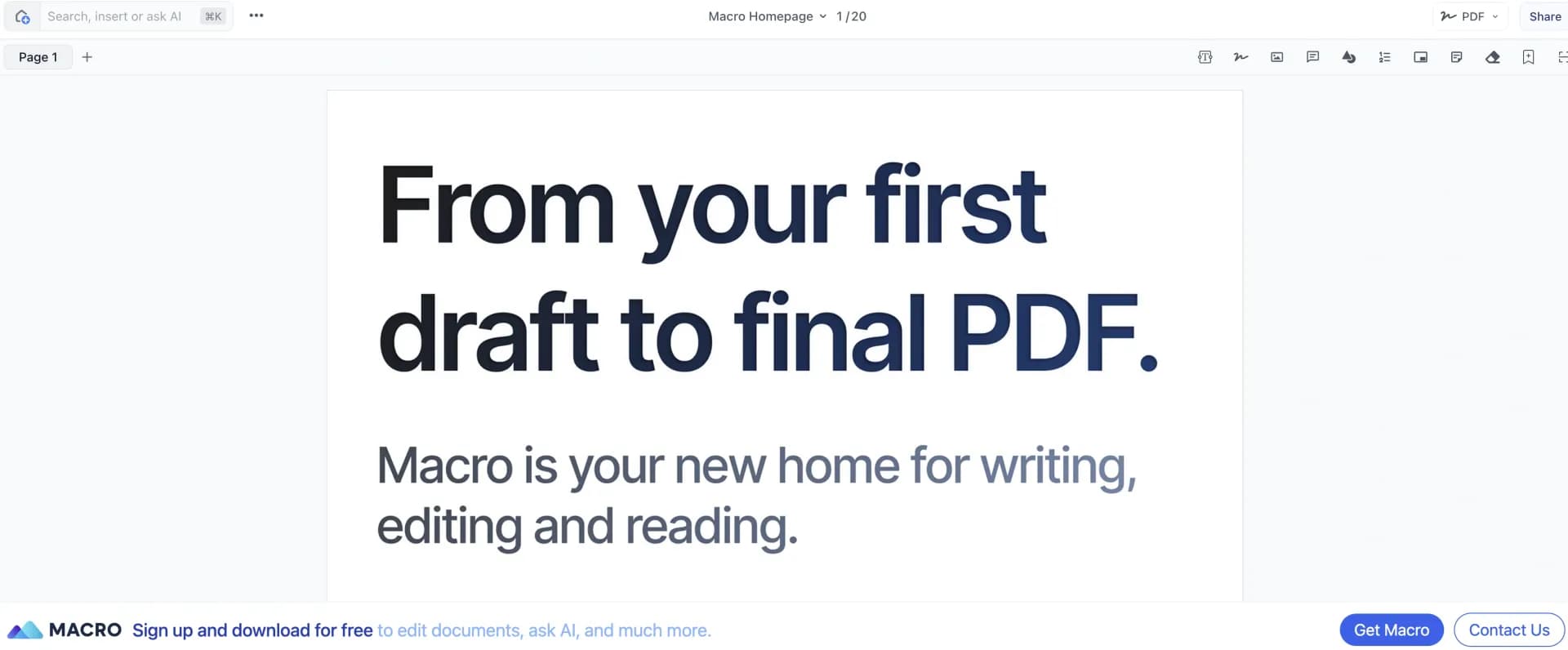 Macro.com homepage screenshot — Edit documents and ask AI with Macro.
