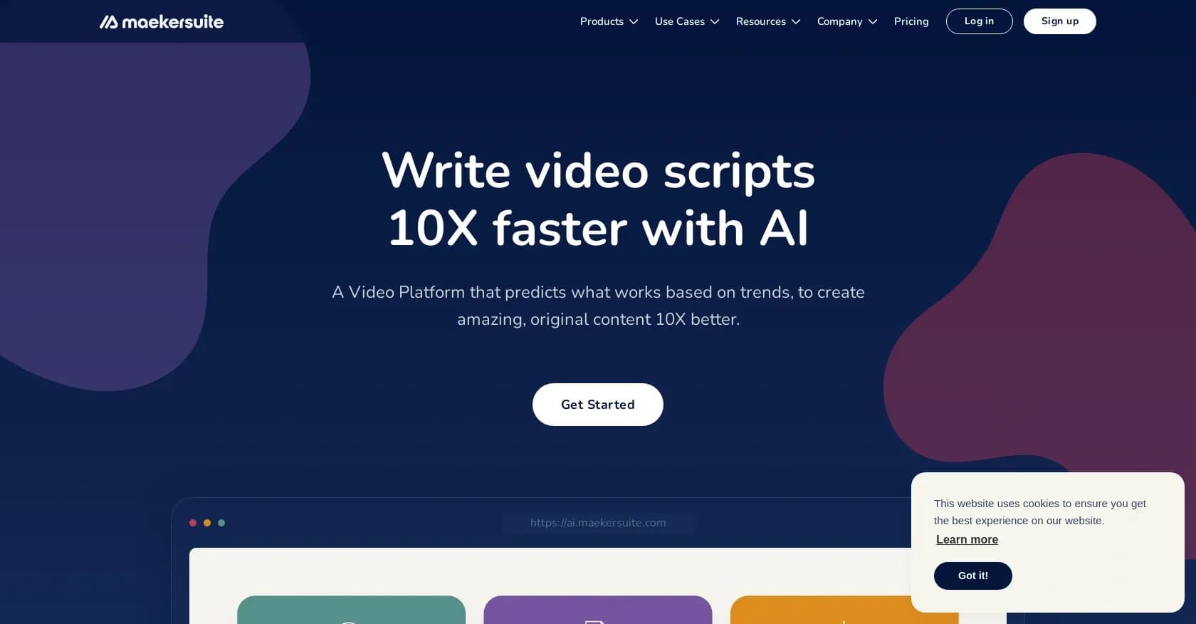 Maekersuite homepage screenshot — Supercharge your video content strategy with data.