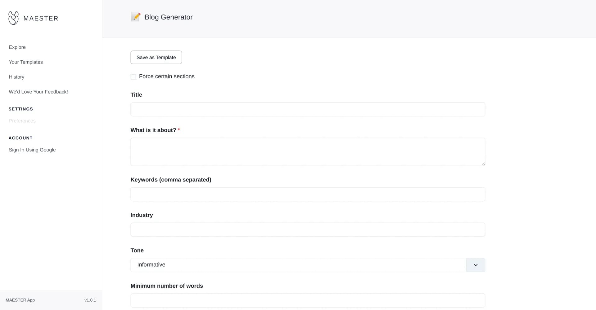Maester blog creator homepage screenshot — AI-powered blog generator for effortless content creation.