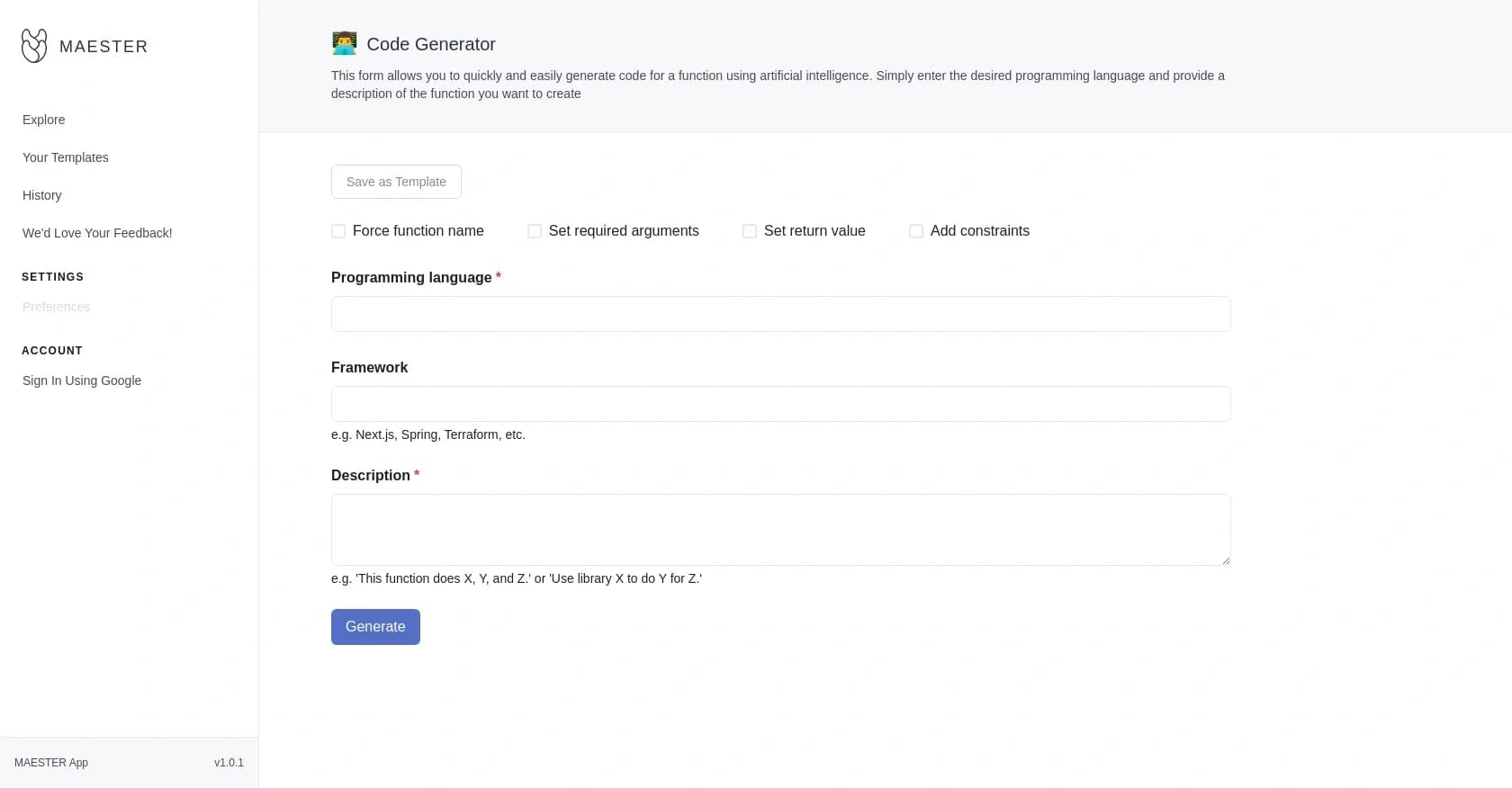 Maester code creator homepage screenshot — AI-powered code generation for any language or framework.