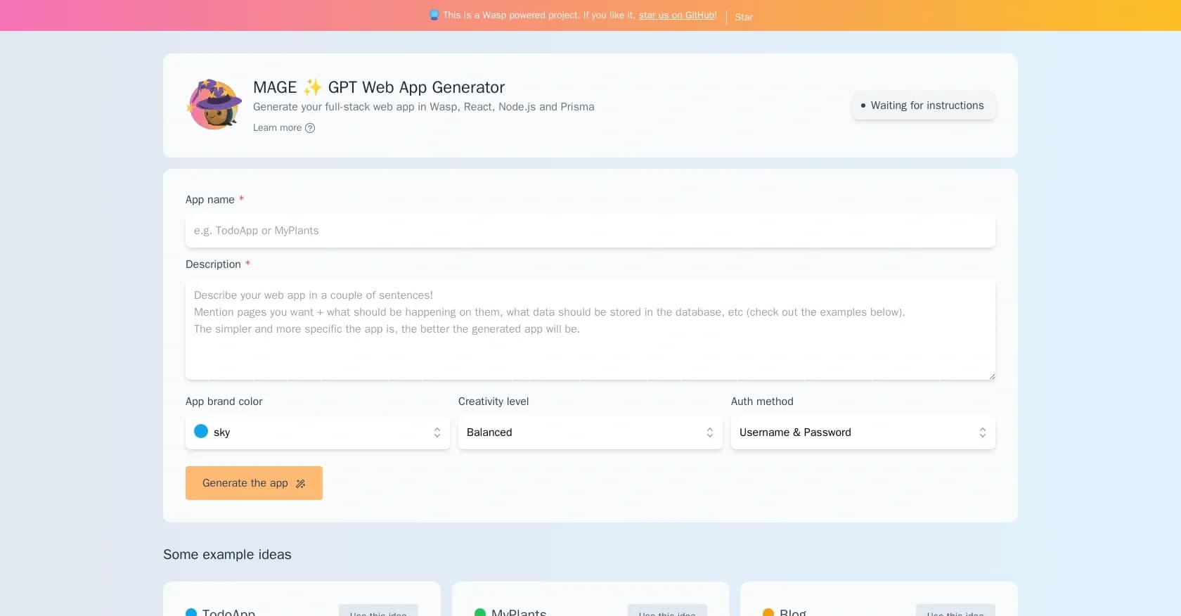 MageGPT homepage screenshot — Generate full-stack web apps with GPT magic