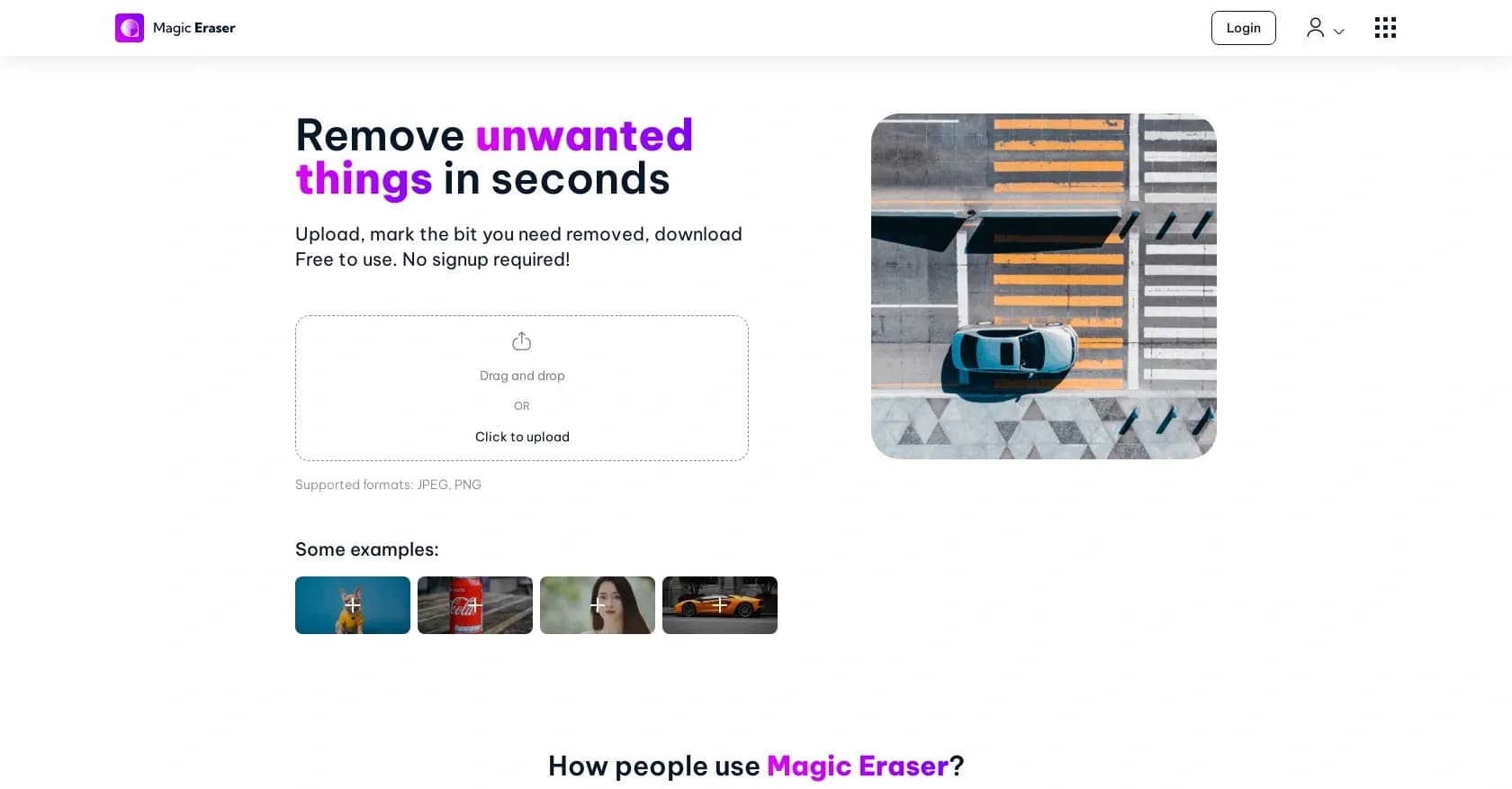 Magic Eraser homepage screenshot — Remove unwanted things in seconds.