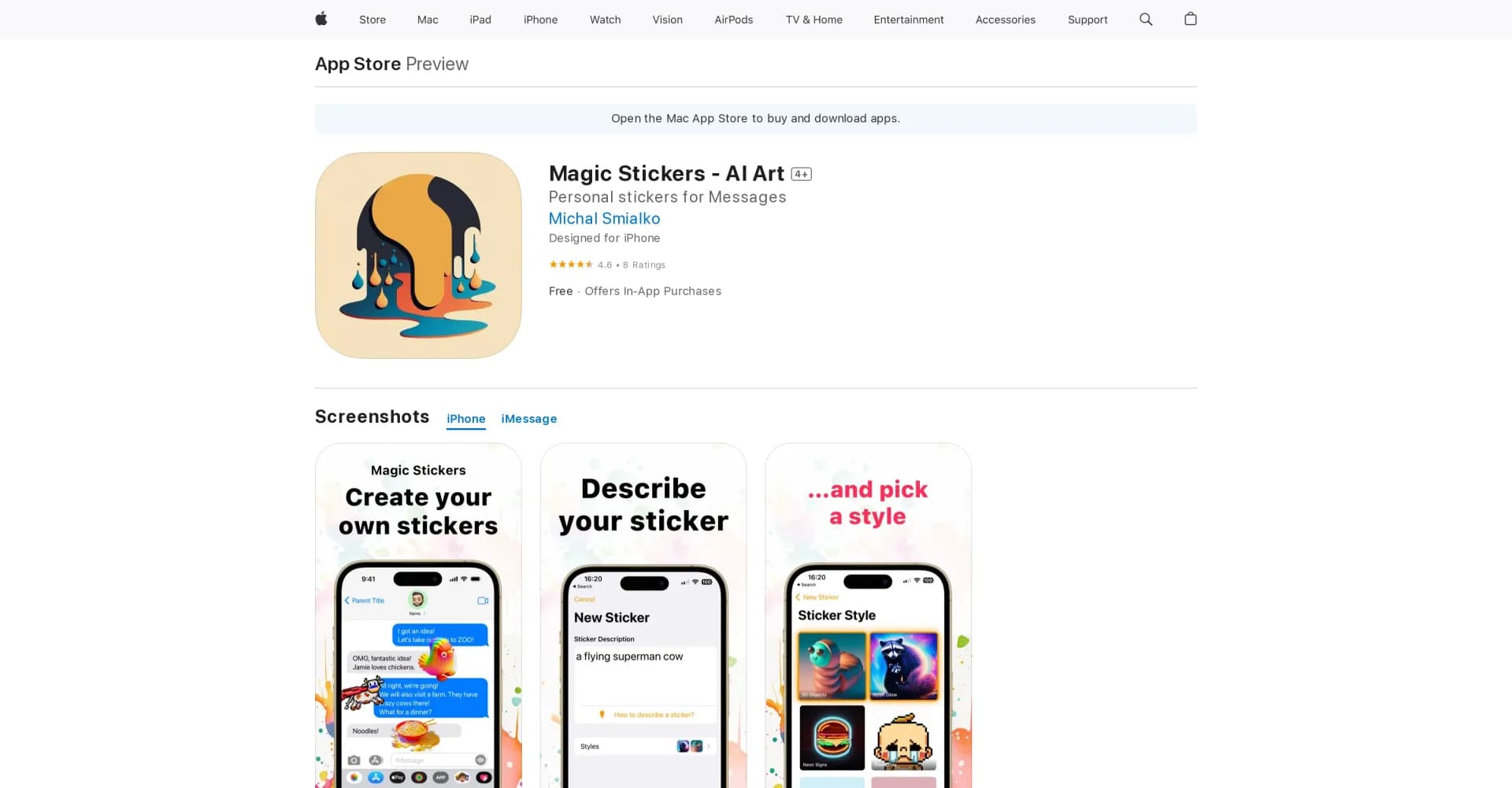 Magic iMessage Stickers homepage screenshot — Add personality to your Message chats with custom stickers.
