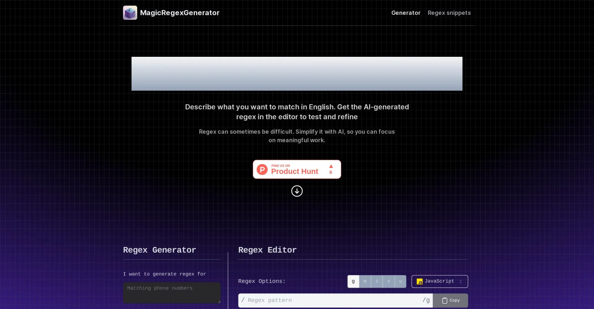 Magic Regex Generator homepage screenshot — Generate regex patterns effortlessly with AI.