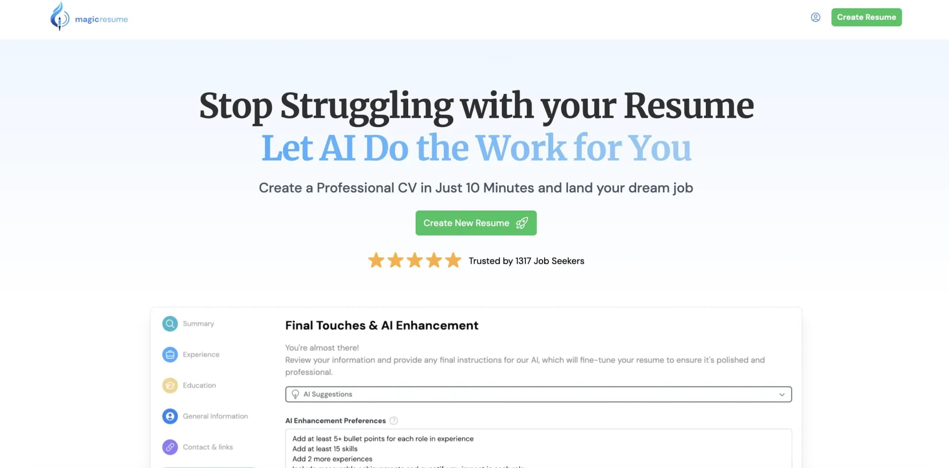 Magic-Resume homepage screenshot — Effortlessly craft a standout professional CV with AI.