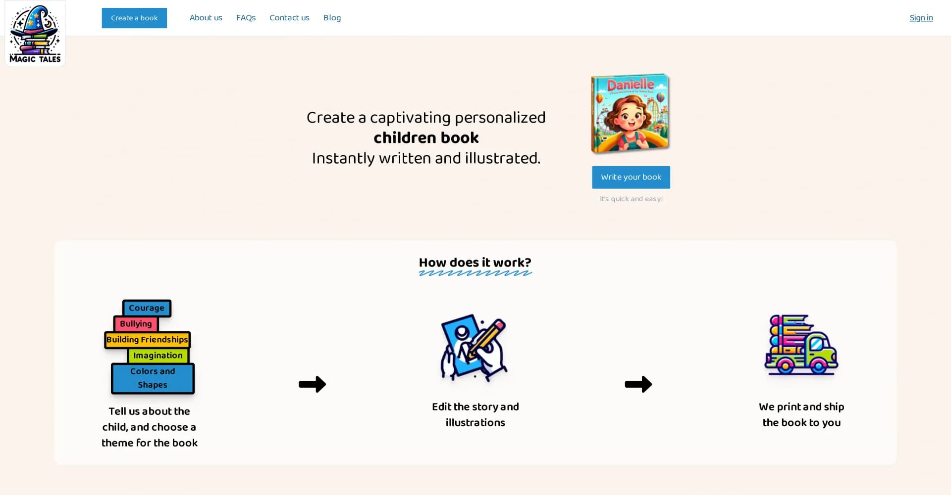 Magic Tales homepage screenshot — Create personalized children's books in minutes