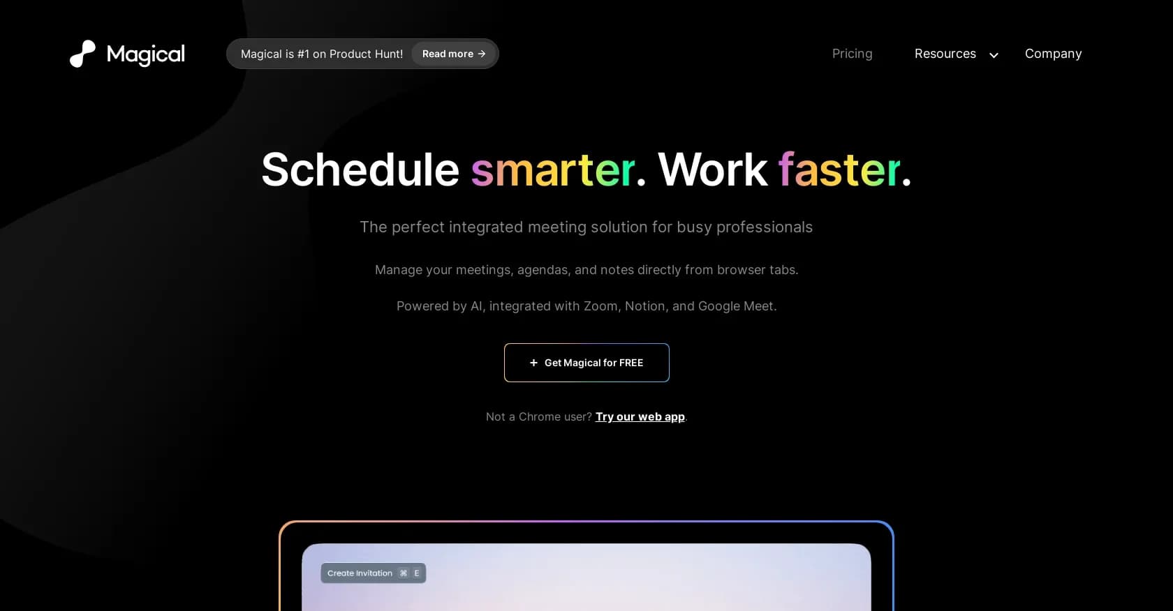 Magical homepage screenshot — Turn calendar invites into collaborative workspaces.