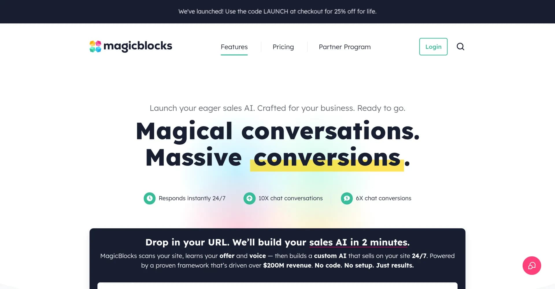 MagicBlocks homepage screenshot — Launch AI sales agents that drive 3X more conversions.