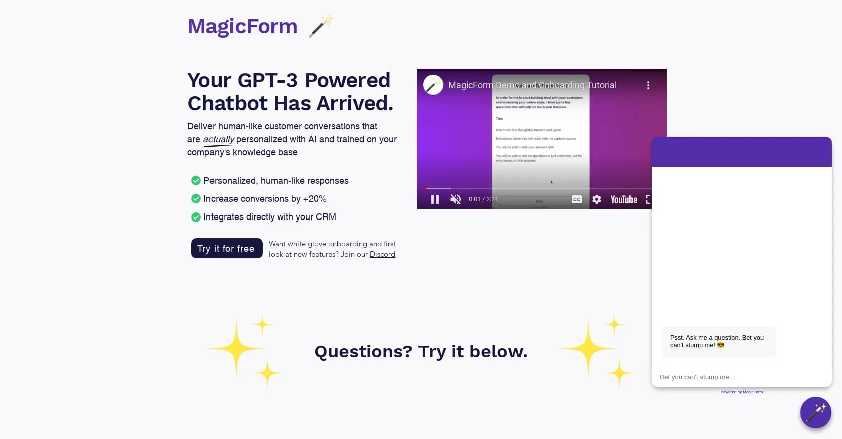 MagicForm homepage screenshot — Double conversions with AI-powered customer conversations