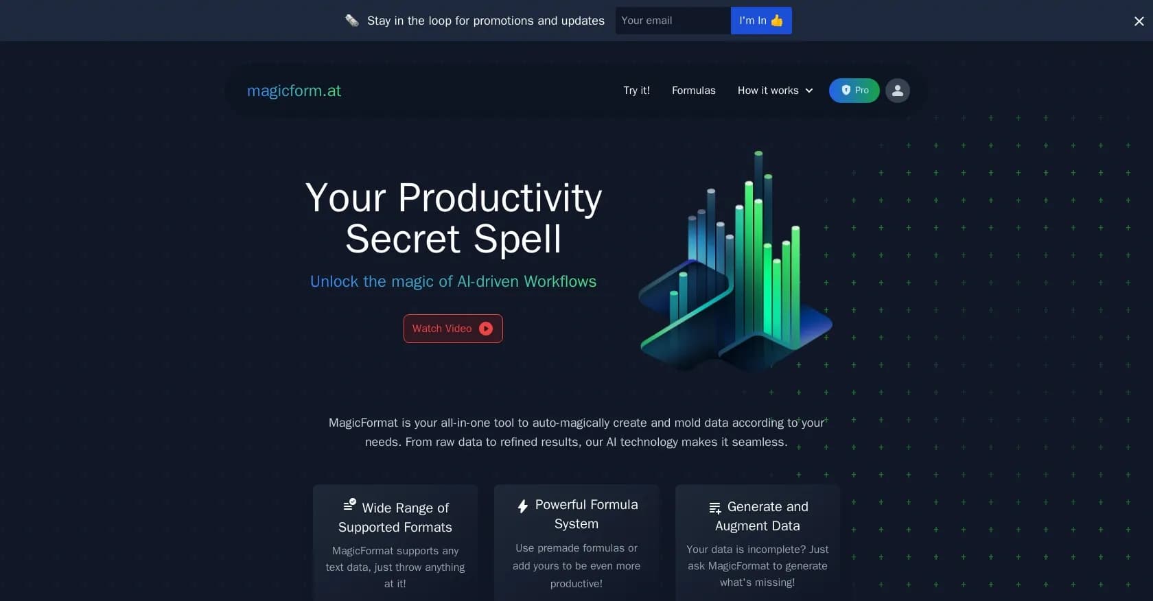 MagicFormat homepage screenshot — Auto-magically create and mold data with AI.
