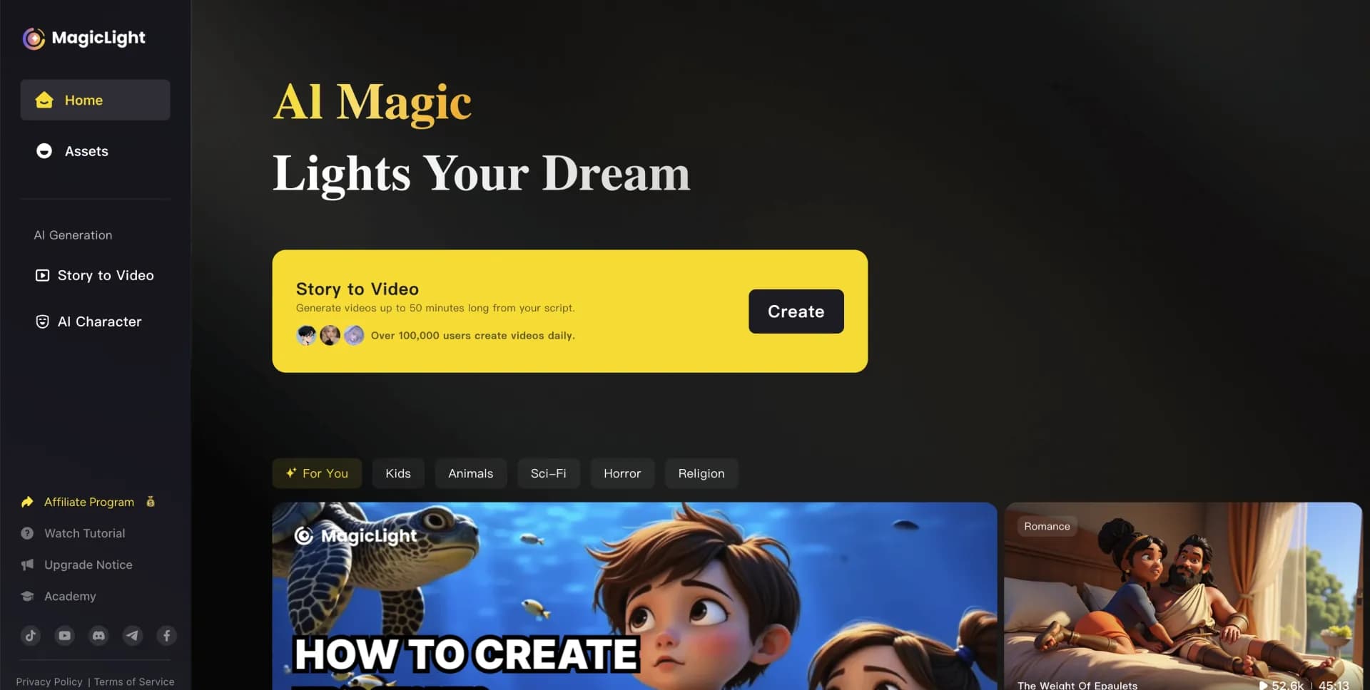 MagicLight homepage screenshot — Transform text into captivating videos instantly.