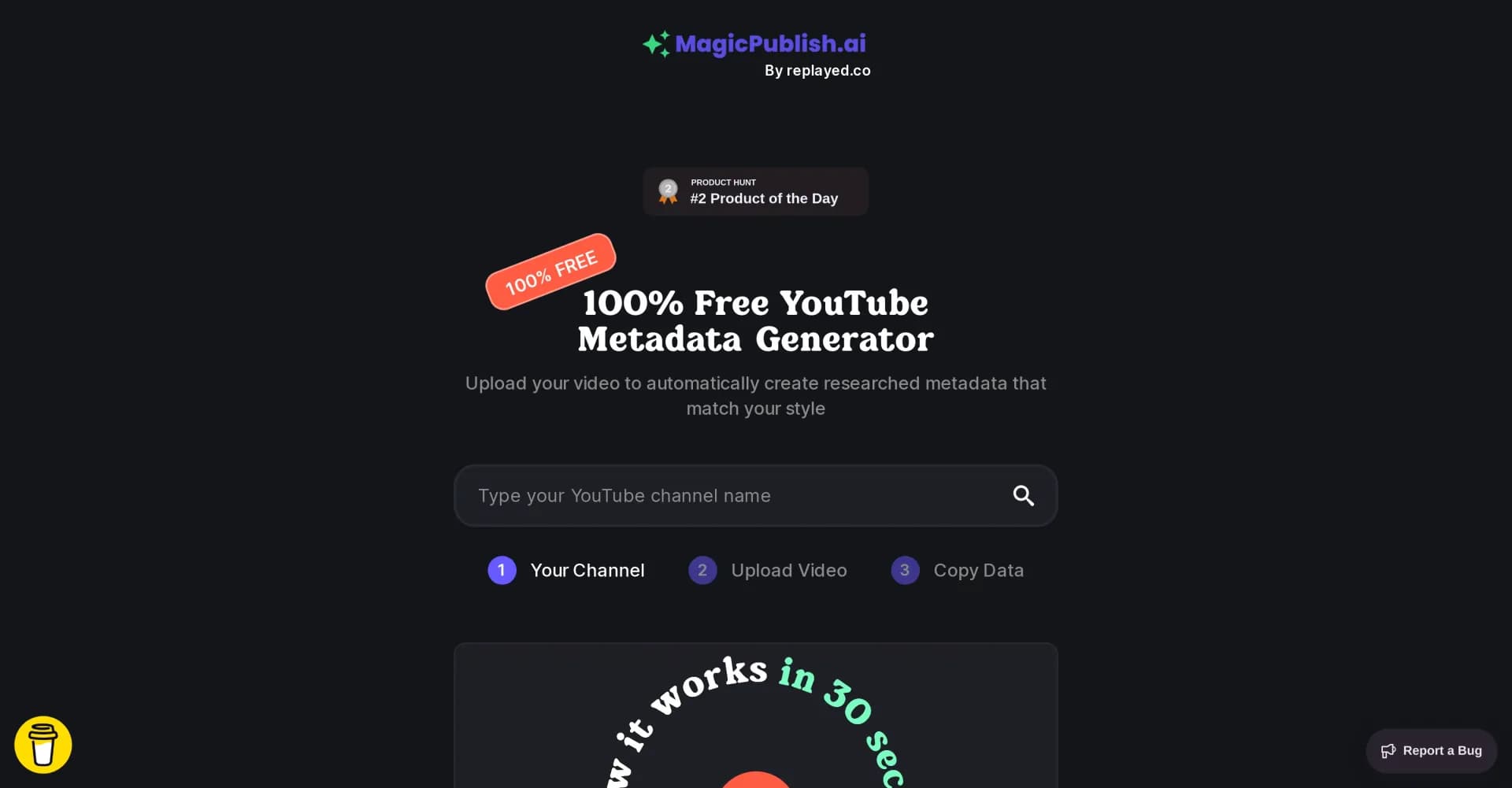 MagicPublish homepage screenshot — AI-powered YouTube metadata in your style