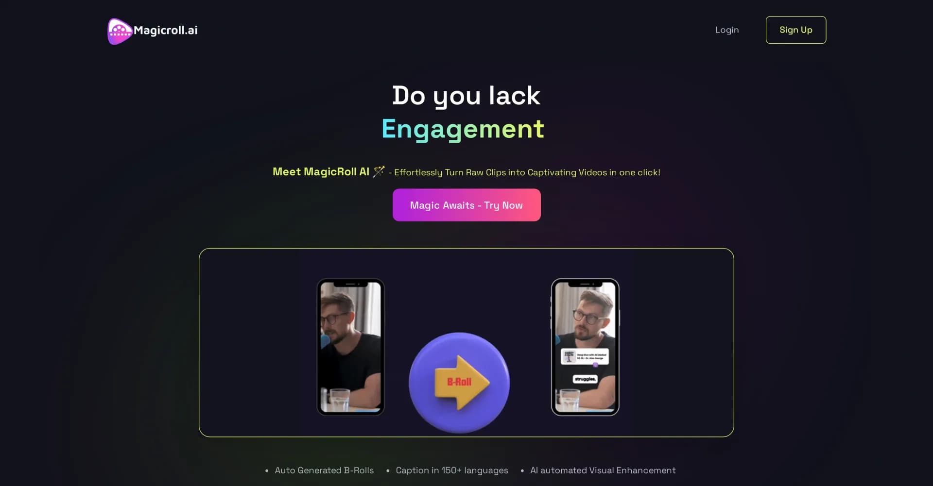 Magicroll homepage screenshot — Automate Video Editing with AI-Powered B-Roll, Captions, and