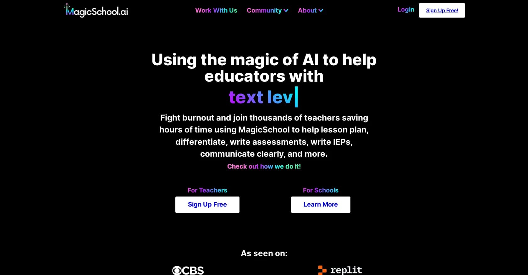 MagicSchool homepage screenshot — AI magic to save teachers time and fight burnout.
