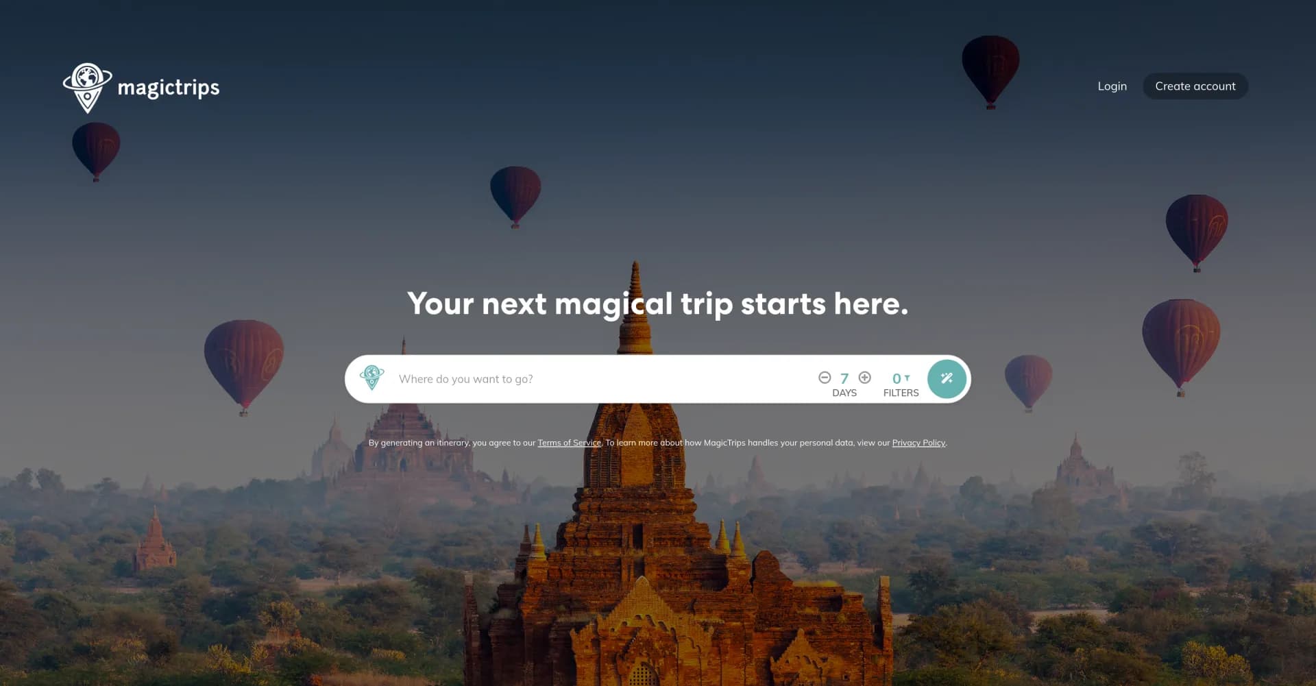 MagicTrips homepage screenshot — Generate custom travel itineraries in seconds.