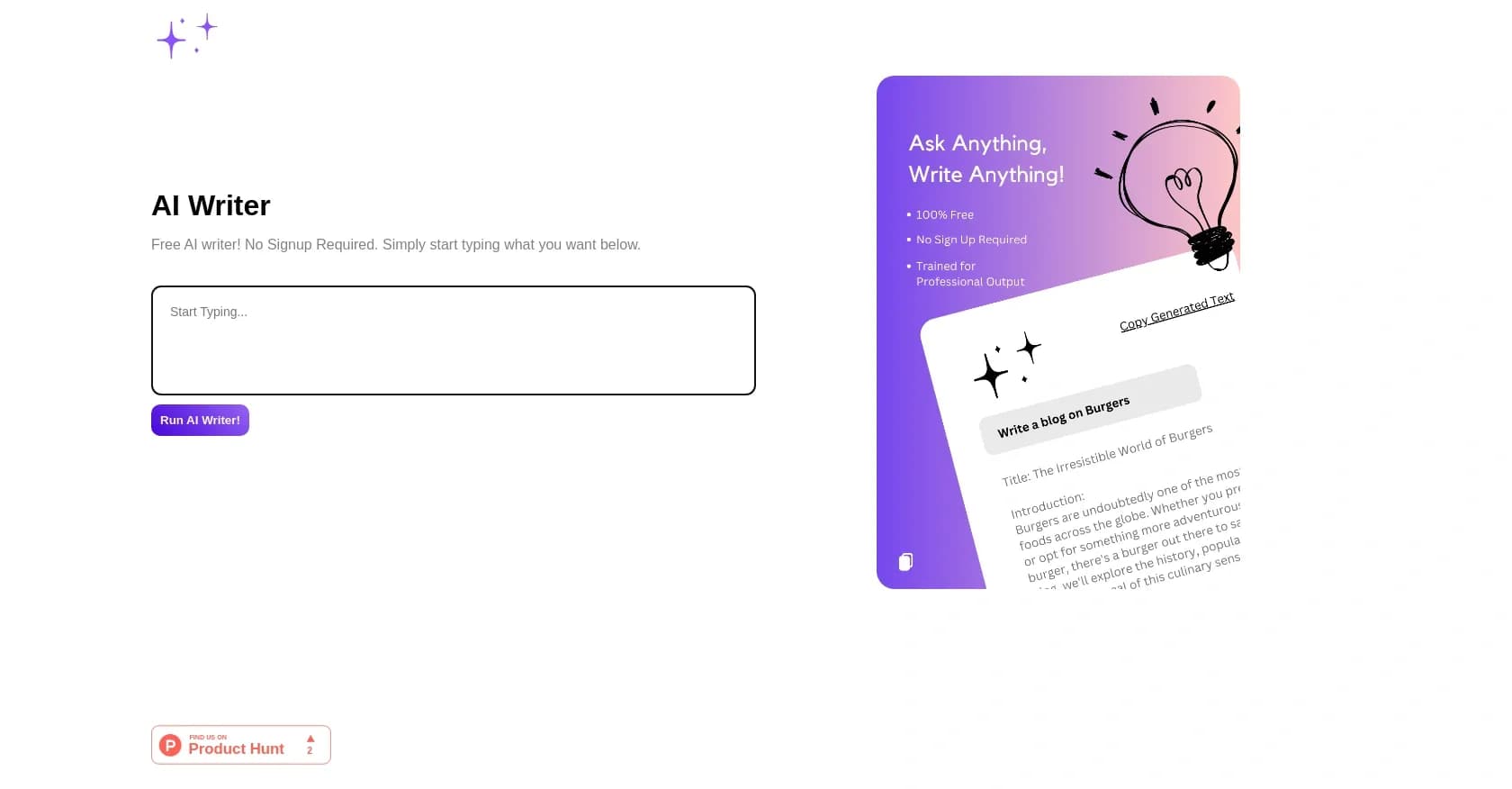 MagicWrite homepage screenshot — Free AI writing without signup.