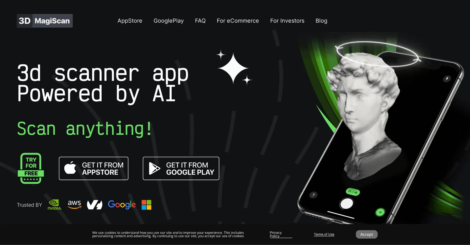 Magiscan homepage screenshot — AI-powered 3D scanner app for mobile devices