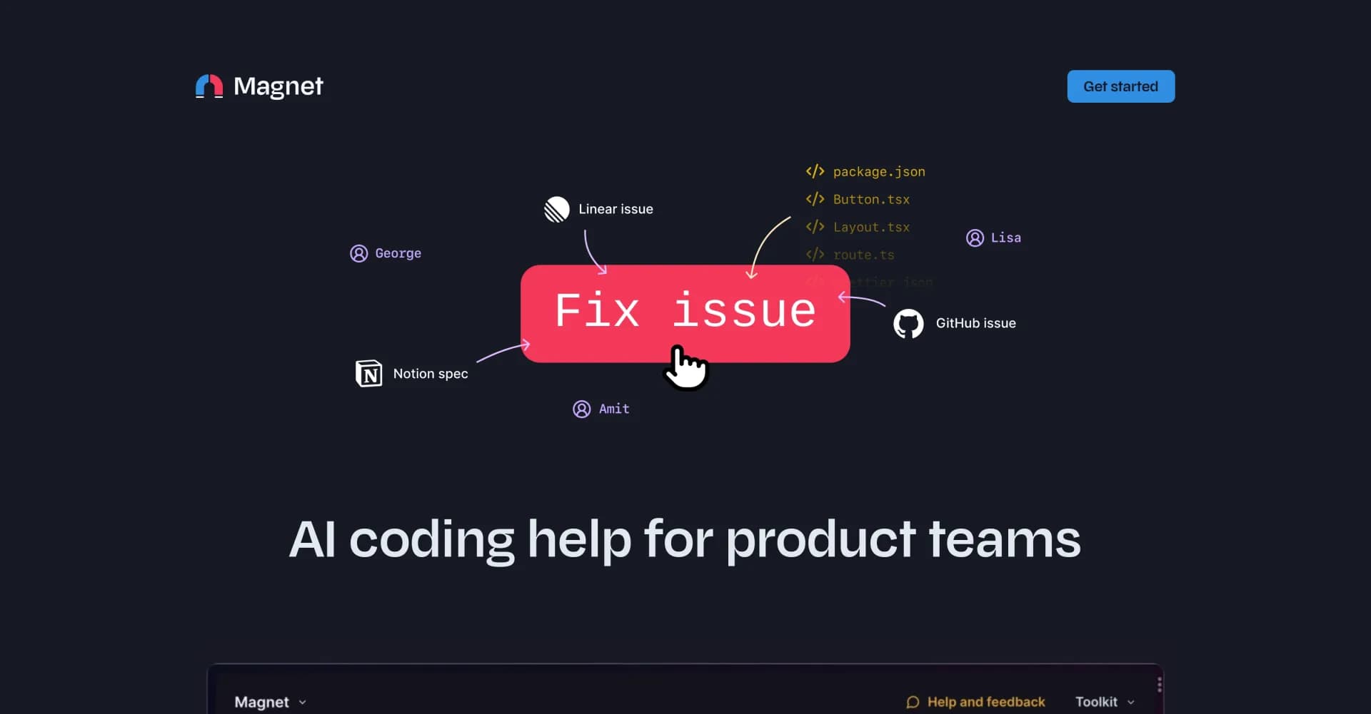 Magnet homepage screenshot — AI coding assistant for product teams