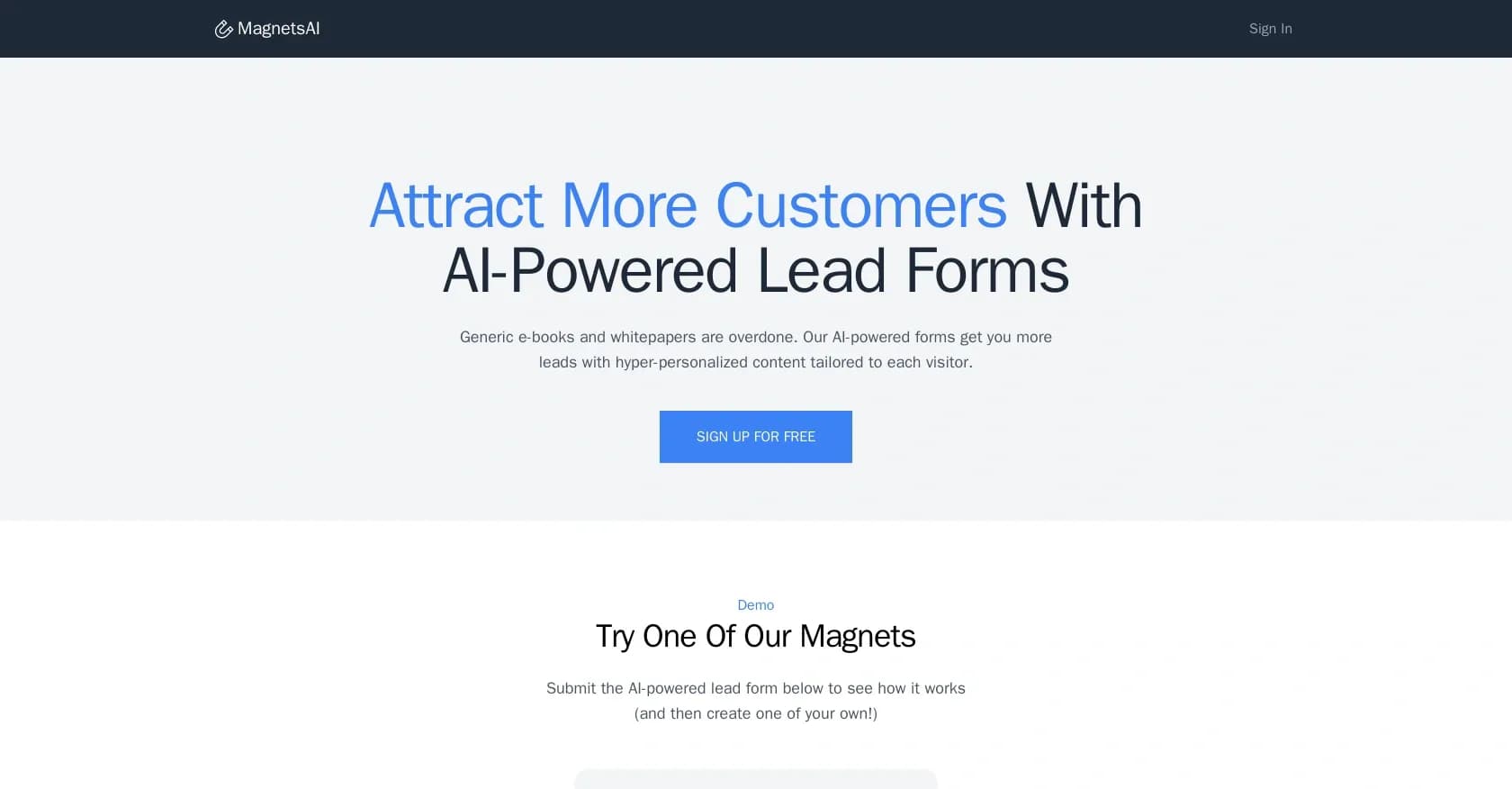 MagnetsAI homepage screenshot — Generate more leads with AI-powered forms.
