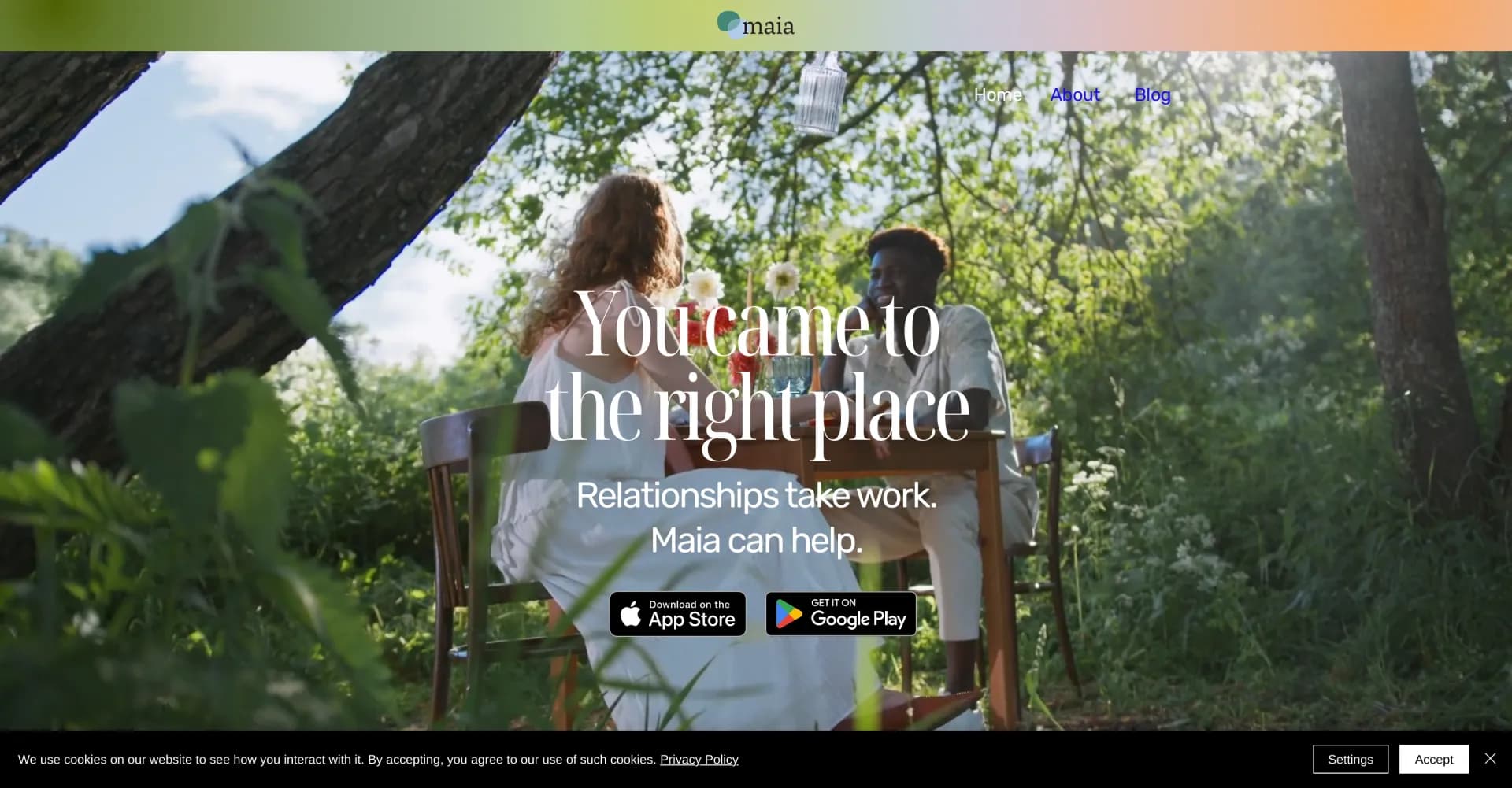 Maia homepage screenshot — AI assistant built for your relationship