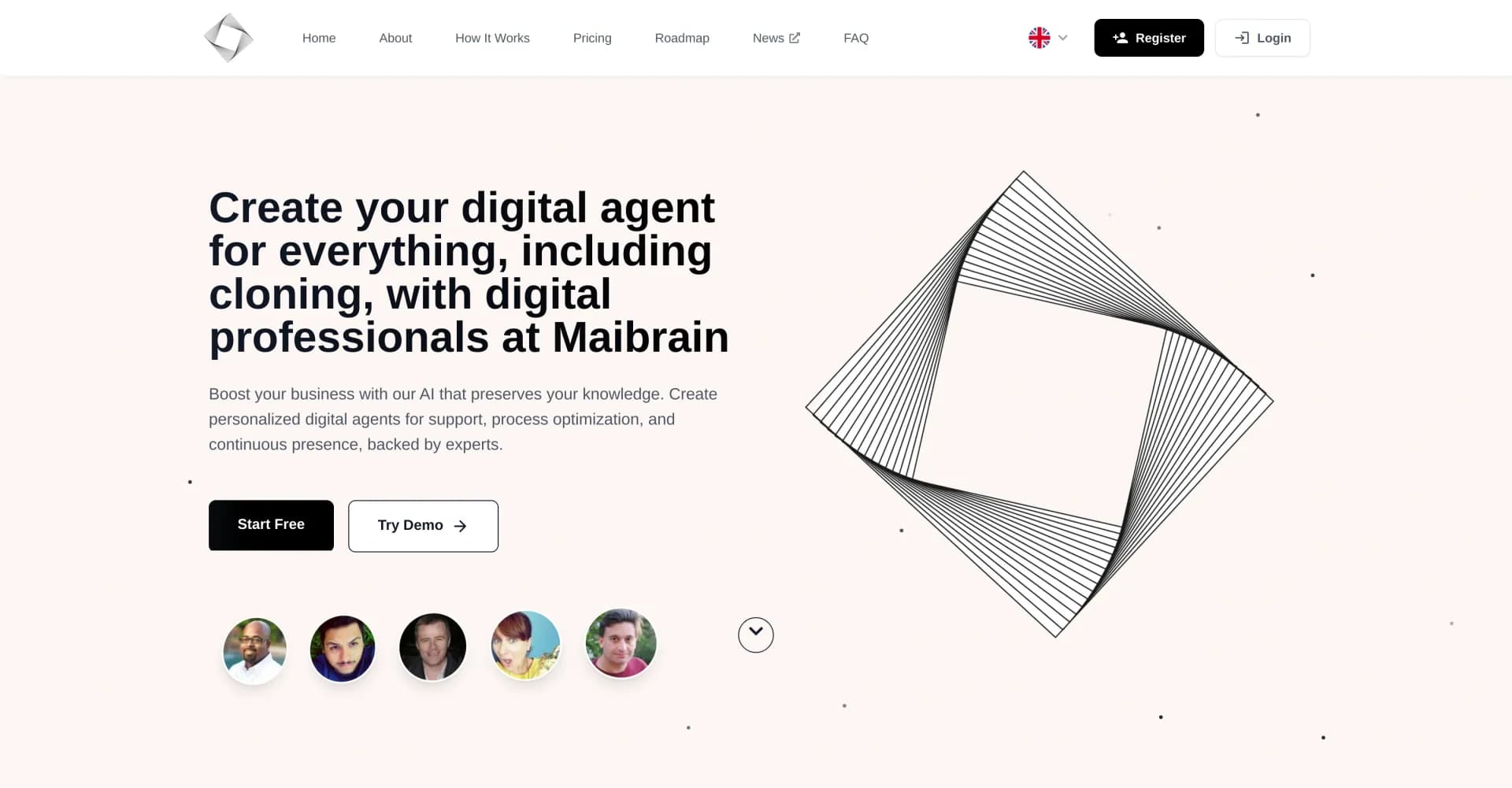 Maibrain homepage screenshot — Transform your knowledge into an intelligent digital agent.