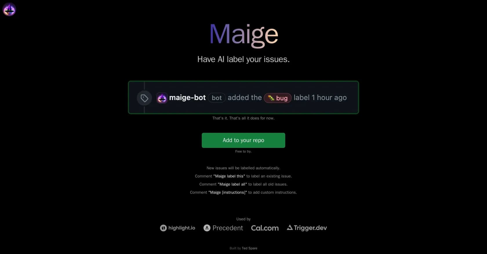 Maige homepage screenshot — AI-powered issue labeling for GitHub repos