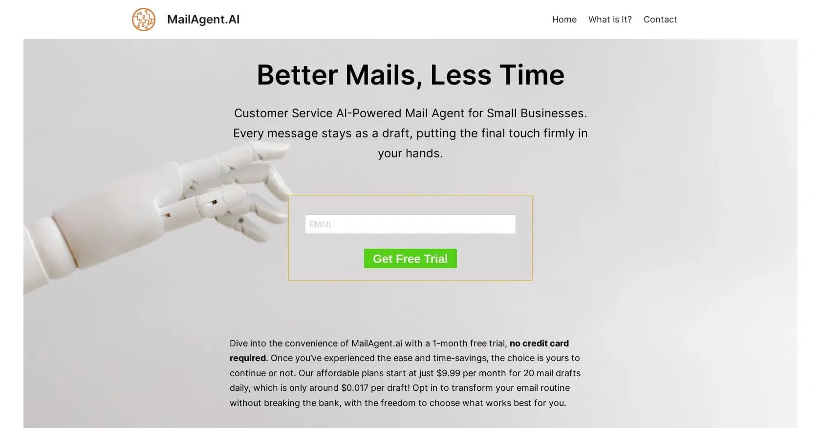 MailAgent homepage screenshot — AI-powered email drafts for faster customer service.