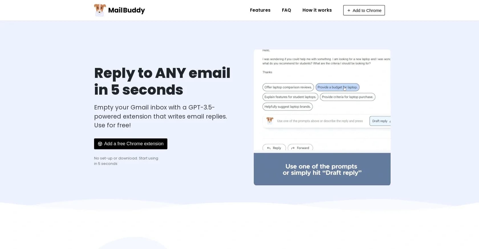 MailBuddy homepage screenshot — Reply to any email in 5 seconds with AI.
