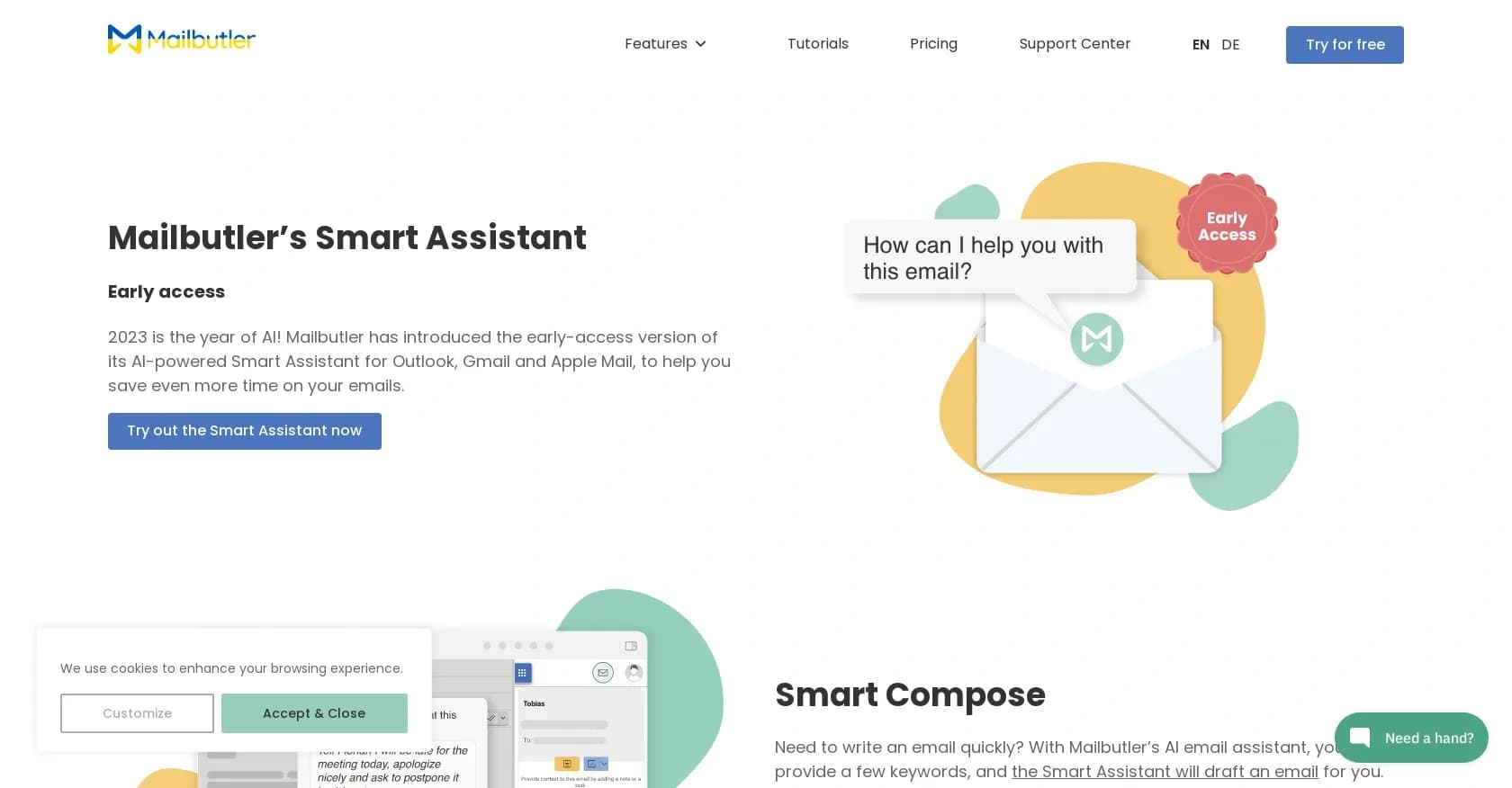 Mailbutler homepage screenshot — AI-powered assistant for smarter email communication