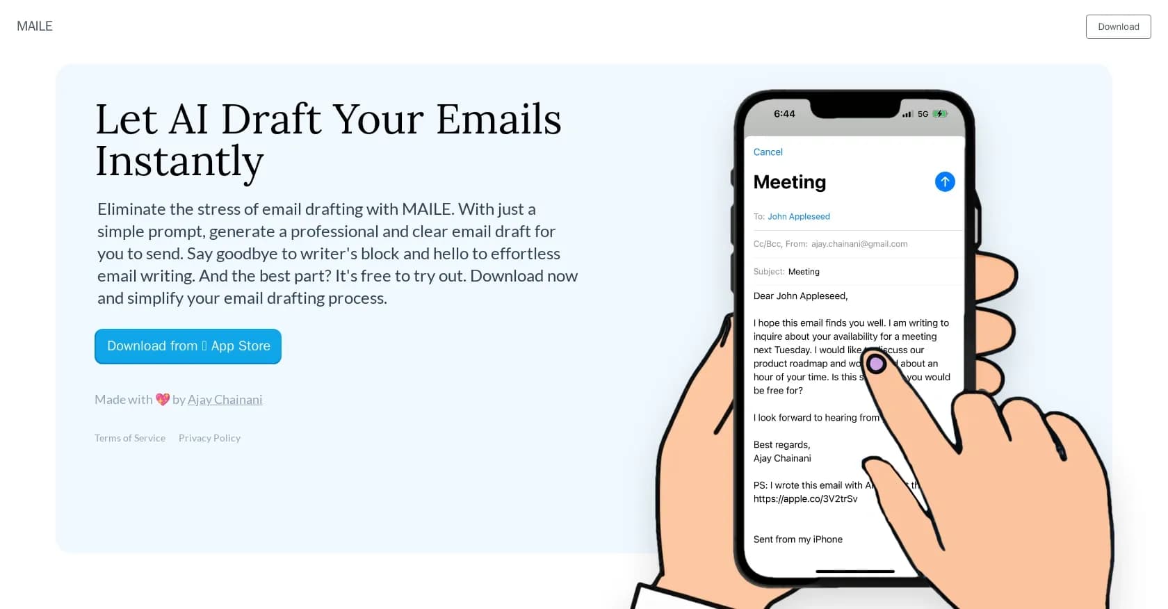 MAILE for iPhone homepage screenshot — Effortlessly draft emails with AI on your iPhone.