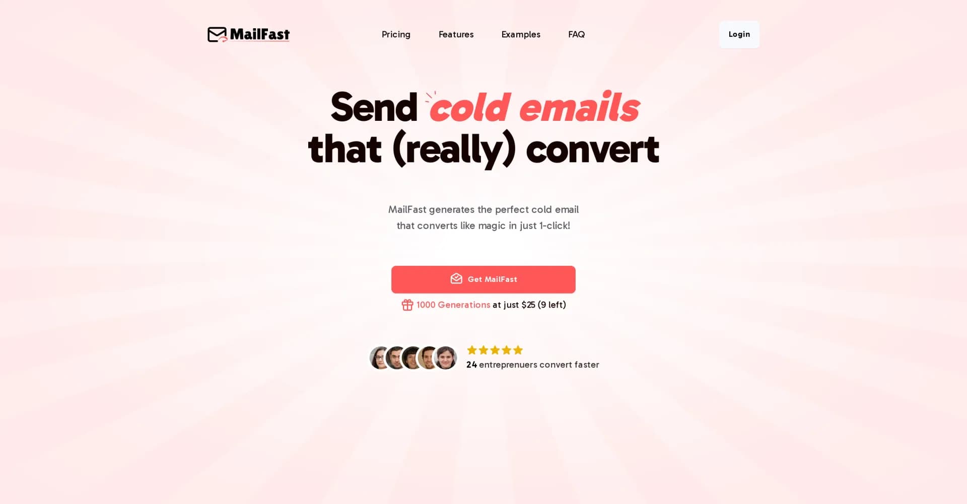 MailFast homepage screenshot — Generate high-converting cold emails with AI in one click