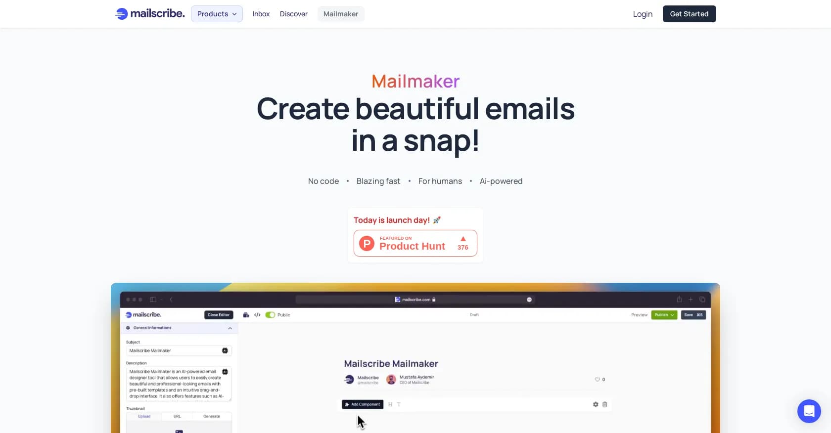 Mailmaker by Mailscribe homepage screenshot — Create beautiful emails in a snap!