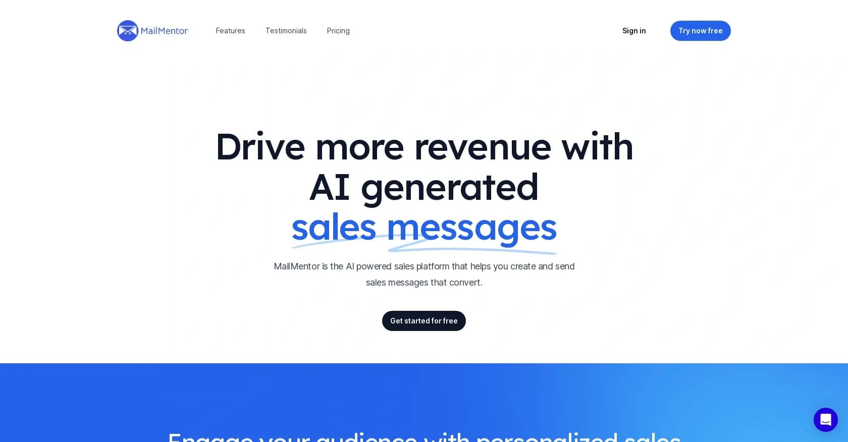 MailMentor homepage screenshot — AI-powered sales messages that convert