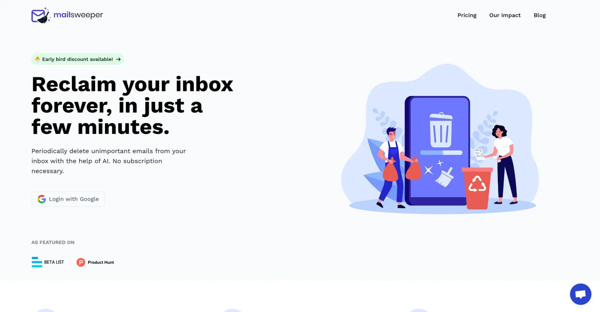 MailSweeper homepage screenshot — Reclaim your inbox with AI-powered email cleanup.