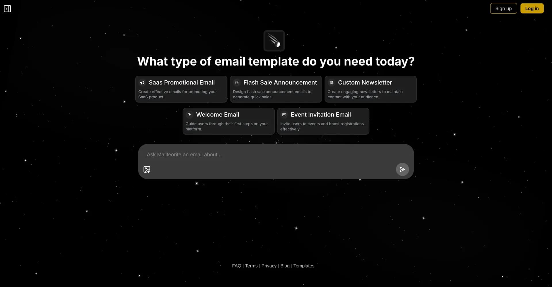 Mailteorite homepage screenshot — Create perfect emails template with AI in seconds
