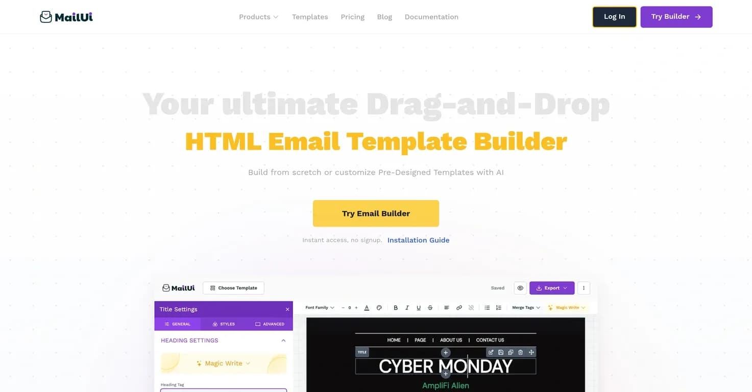 MailUi homepage screenshot — Build responsive HTML emails with drag-and-drop ease.