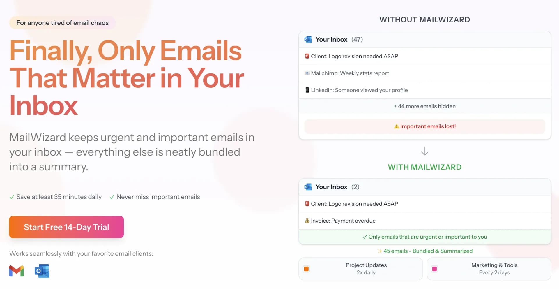 MailWizard homepage screenshot — Gmail emails that write themselves? It's not magic, it's Mai