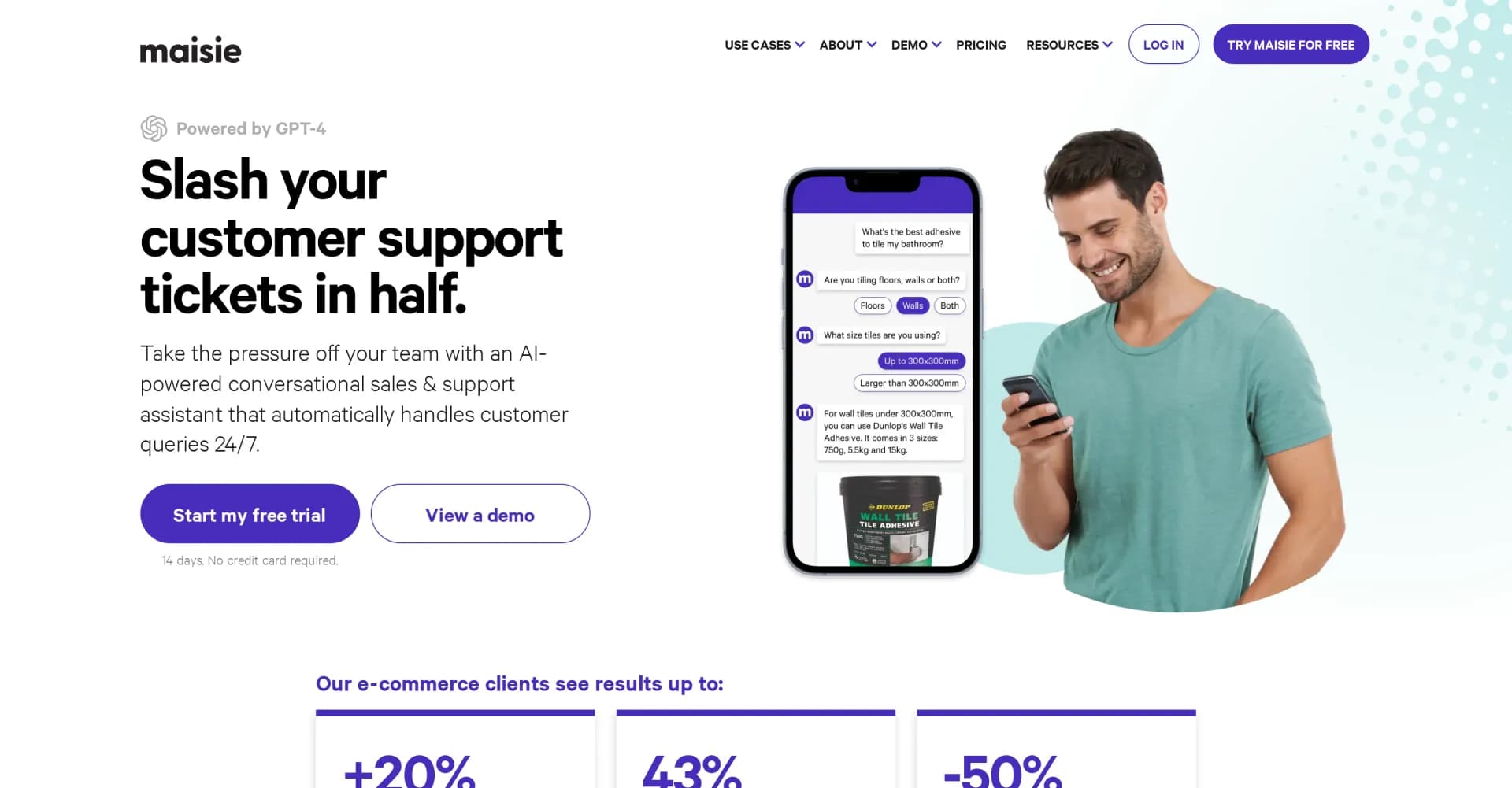 Maisie homepage screenshot — Boost conversions with AI-powered eCommerce chatbots.