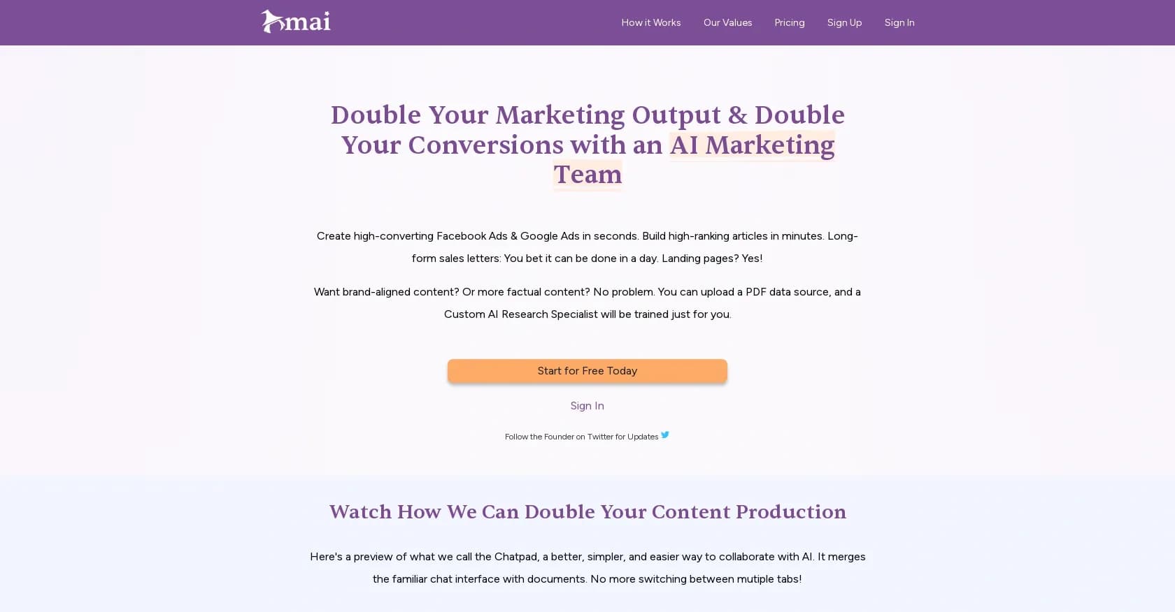 Maiwriter homepage screenshot — Double your marketing output and conversions with AI