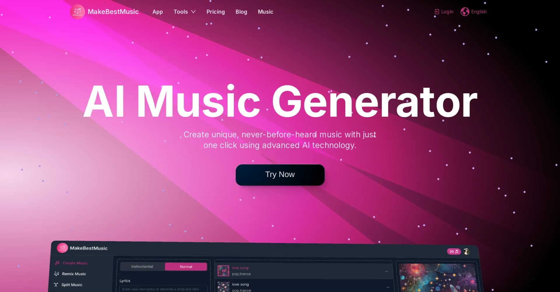 Make Best Music homepage screenshot — Create unique music with one click using AI.