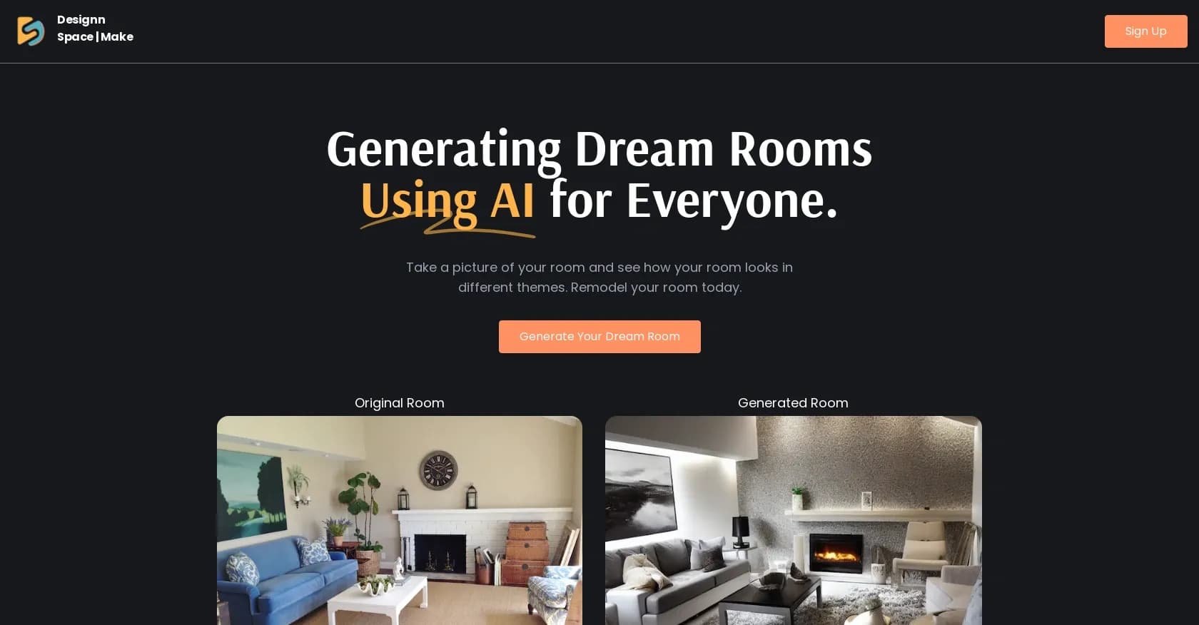 Make Designn homepage screenshot — Redesign your space in seconds with AI.